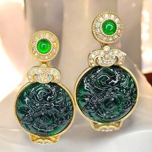 Neiman Marcus Gold-Tone Emerald Green Carved Glass Drop Earrings